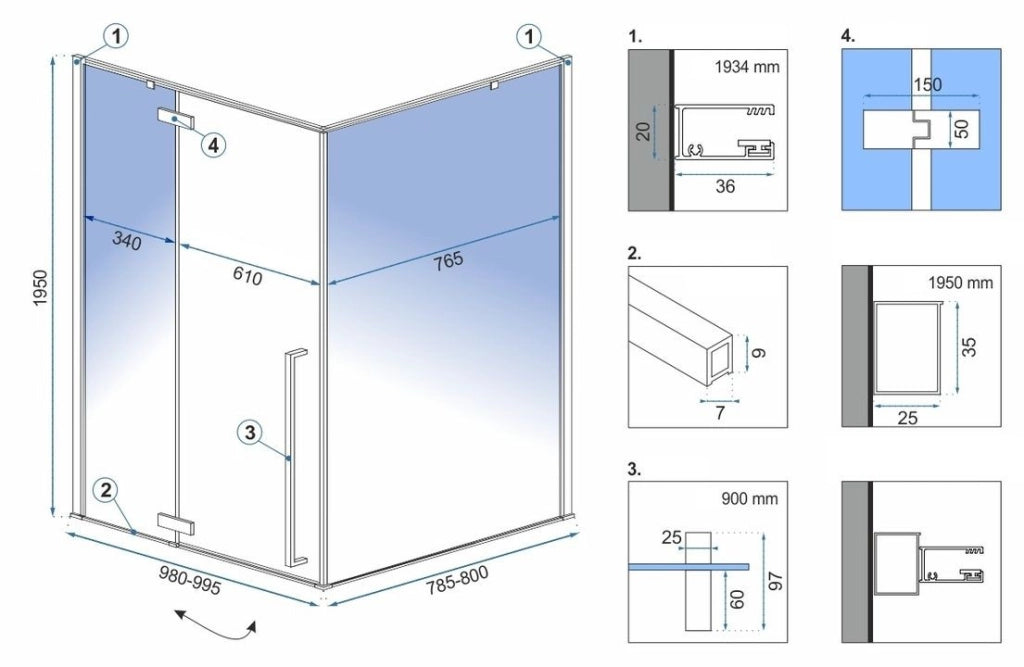 Cabina Doccia Fargo 100x80 Black Mat senza piatto doccia