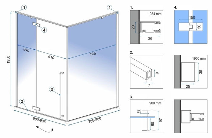 Cabina Doccia Fargo 100x80 Black Mat senza piatto doccia