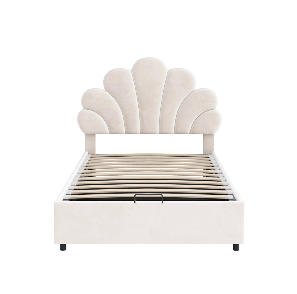 Letto imbottito 90x200 cm con vano contenitore idraulico in velluto beige