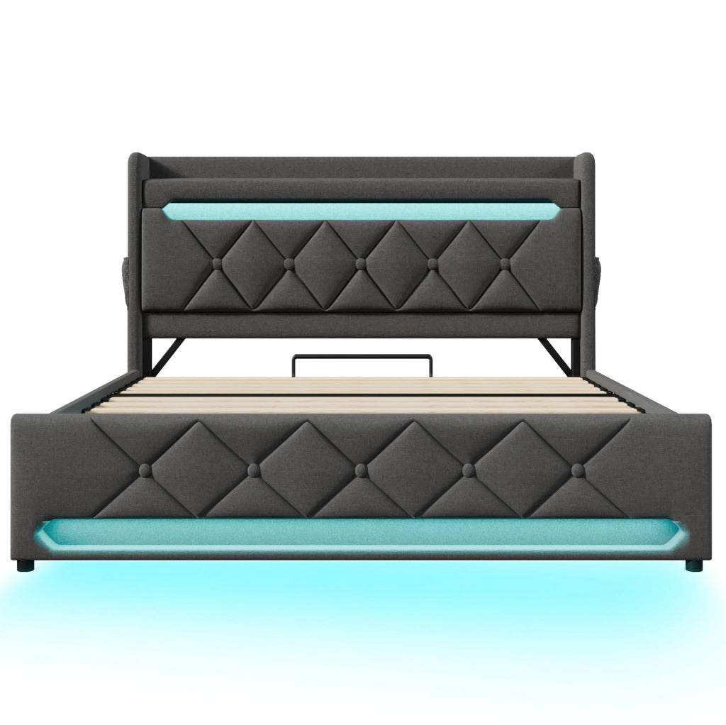 Letto matrimoniale 180x200 cm con LED e testiera con USB; lino grigio (Senza materasso)