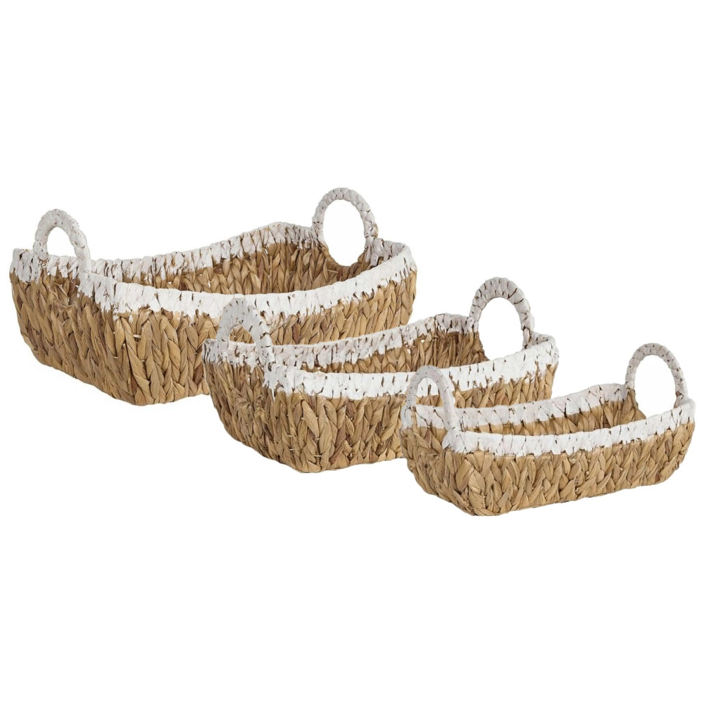 Set di 3 cestini in giacinto d'acqua con struttura in metallo e manici realizzati a mano stile boho classico
