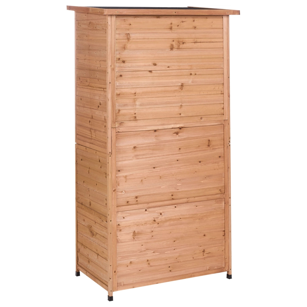 Casetta da giardino per esterni in legno di abete marrone chiaro con ante e ripiani. Struttura stabile. Resistente alle intemperie.