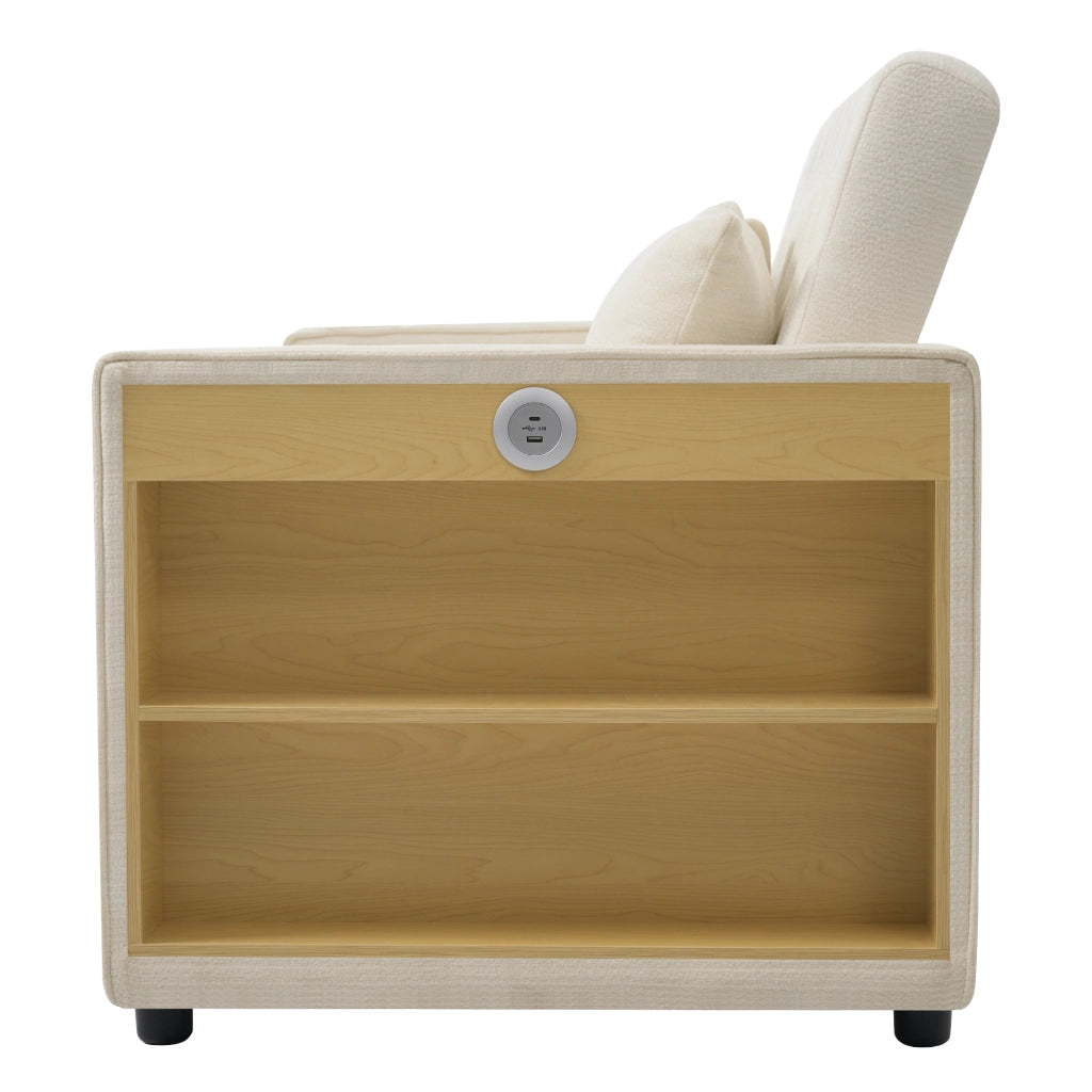 Divano letto 2 posti - con funzione letto; USB; portabicchieri e libreria - in chenille beige