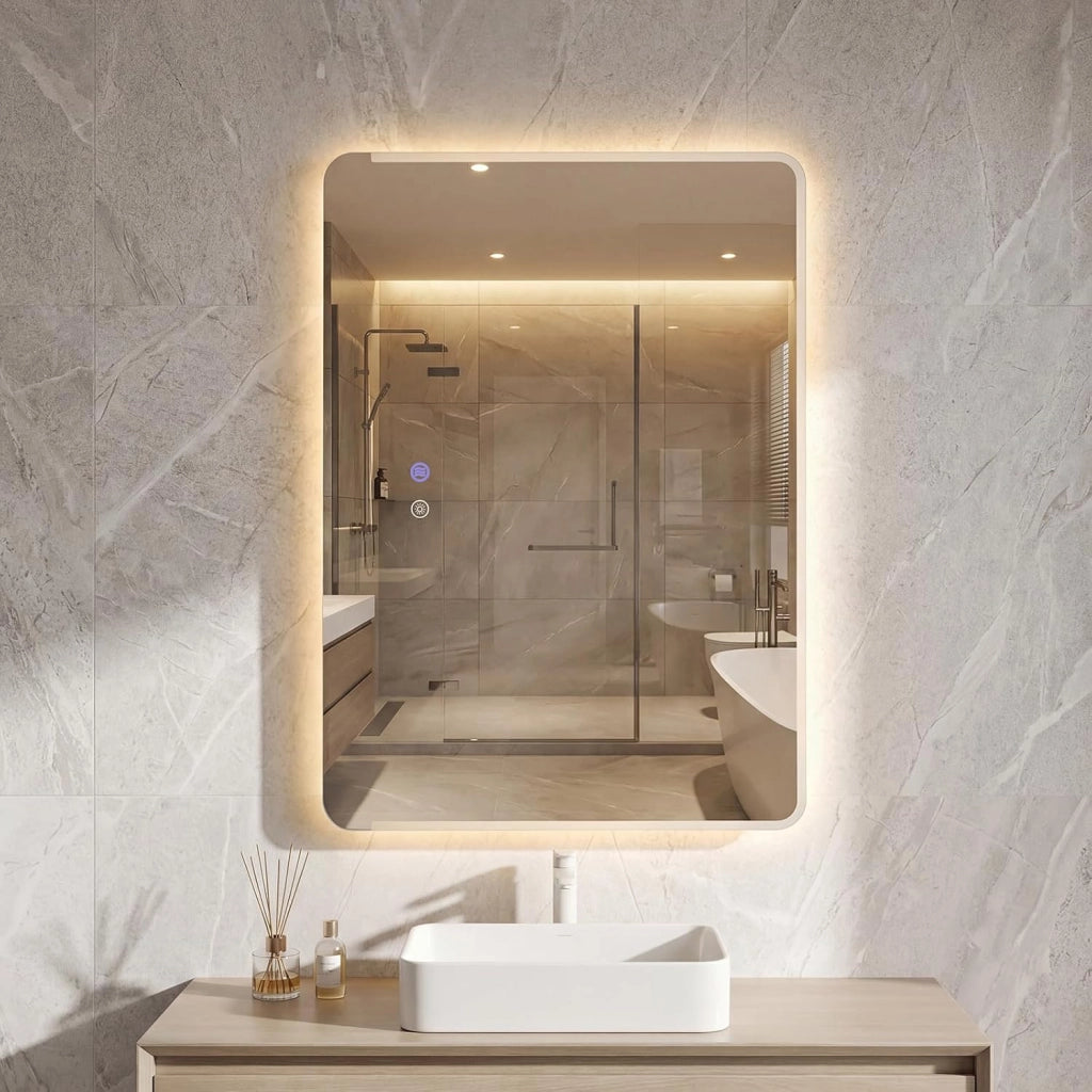 Specchio da Bagno LED 70 x 50 Cm, Vetro Temperato Anti-Esplosione, Specchio da Parete Retroilluminato Dimmerabile con Luci a 3 Colori e Antiappannamento, per Lavabo (70 x 50 x 3 cm)