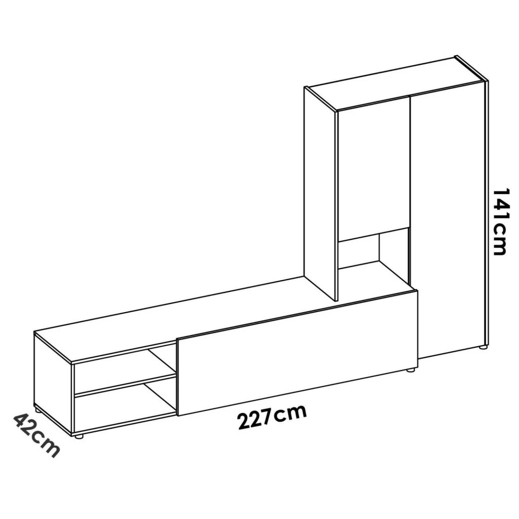 Parete attrezzata Abrino, Composizione soggiorno, Mobile salotto multiuso, Armadio porta TV, 227x40 h141 cm, Bianco e Rovere