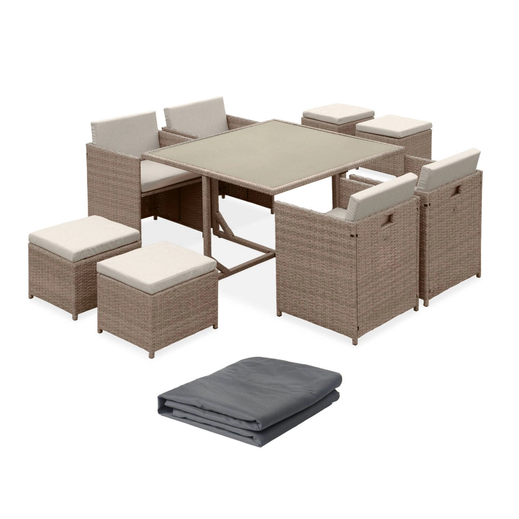 Set tavolo da giardino in resina con 8 poltrone + copertura di