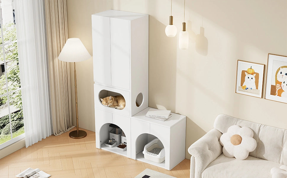 Armadio per lettiera per animali con zona riposo, doppio vano toilette e ampio spazio contenitivo, bianco