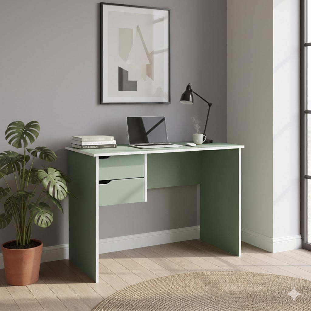 Scrittoio scrivania con 2 cassetti per studio e ufficio dimensioni 90x50x73 cm colore verde salvia