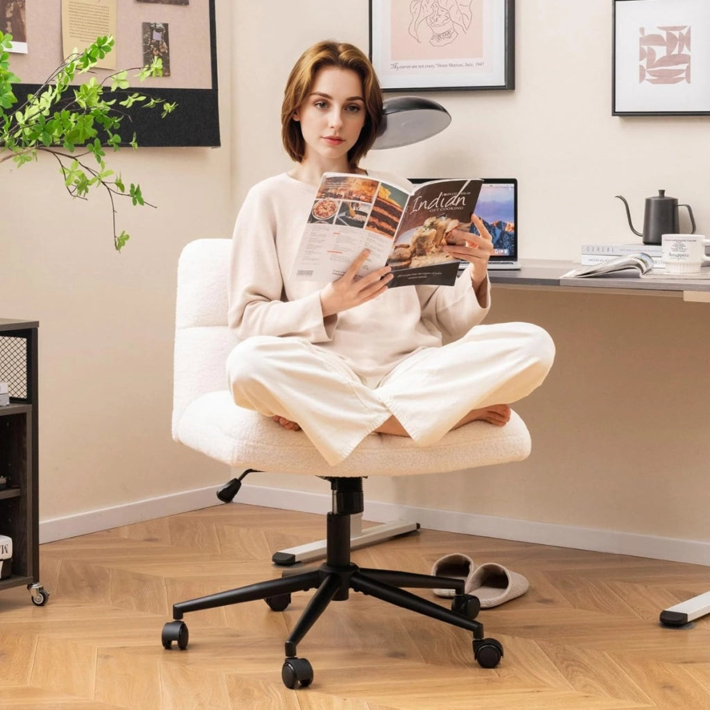 Sedia girevole a gambe incrociate con 5 ruote, Sedia da ufficio casa regolabile in altezza Beige