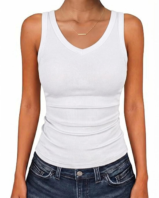 T-shirt con collo V per donne - Maglia senza maniche - Top estivo - Confortevole forma - Tela a grana - 95% Rayon, 5% Spandex - Maglia senza maniche
