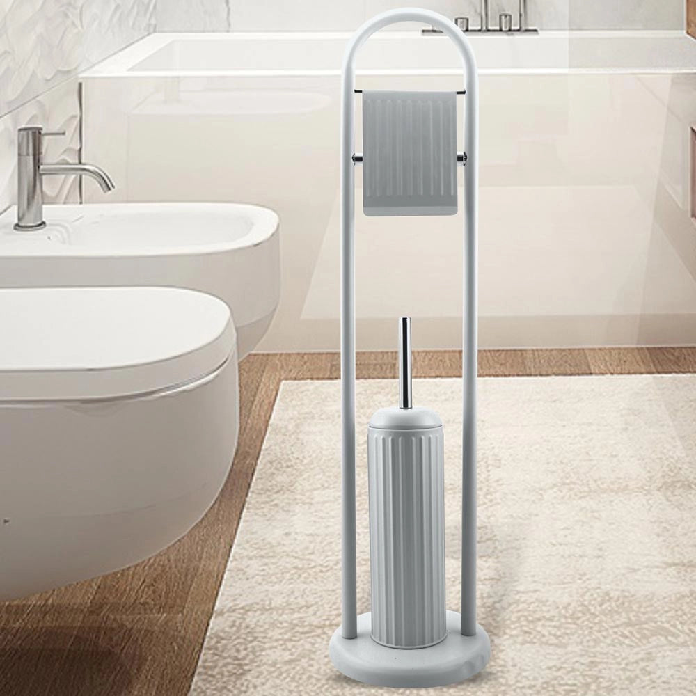 Trade Shop - Portarotolo Con Spazzolone Porta Scopino Bagno Linear In Metallo Grigio 22x81 Cm -