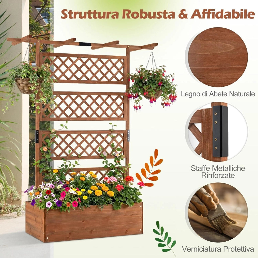 Letto da Giardino con Traliccio, Fioriera Rialzata in Legno con Spalliera, Fori di Drenaggio e Fondo Rimovibile, Aiuola Elevata con Griglia per Piante Rampicanti e Verdure