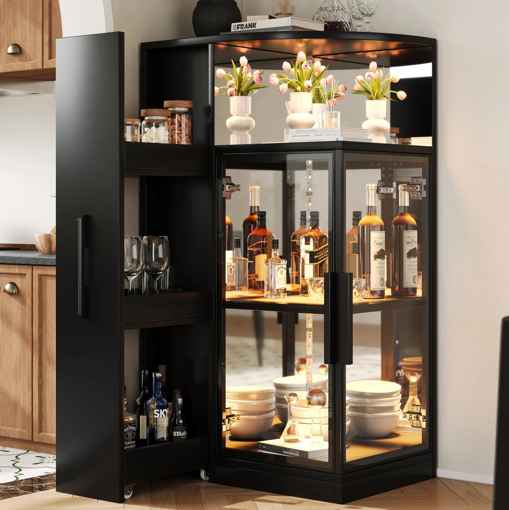 Vetrina 64x42x112 cm con LED multicolore e mobile laterale estraibile; vetro e truciolare nera