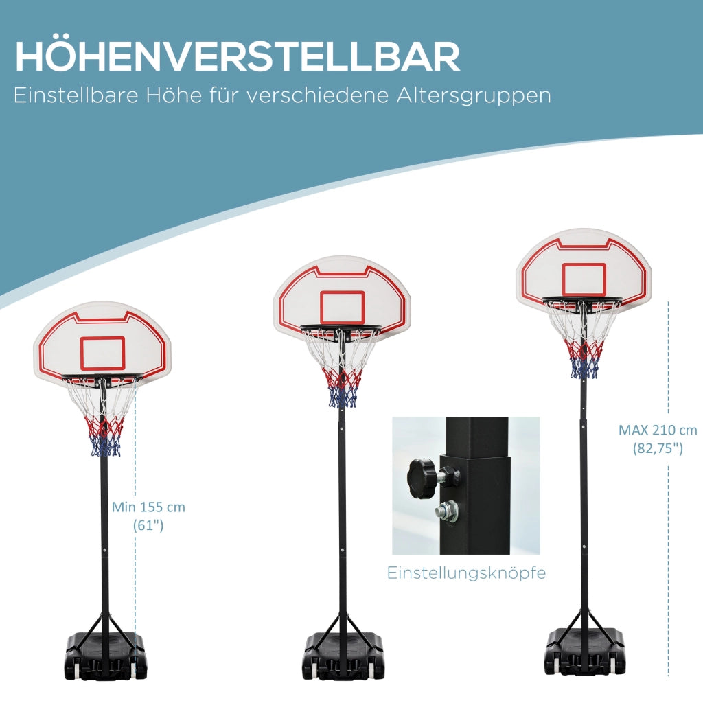 Canestro da basket regolabile in altezza con base riempibile e ruote, struttura in acciaio, bianco