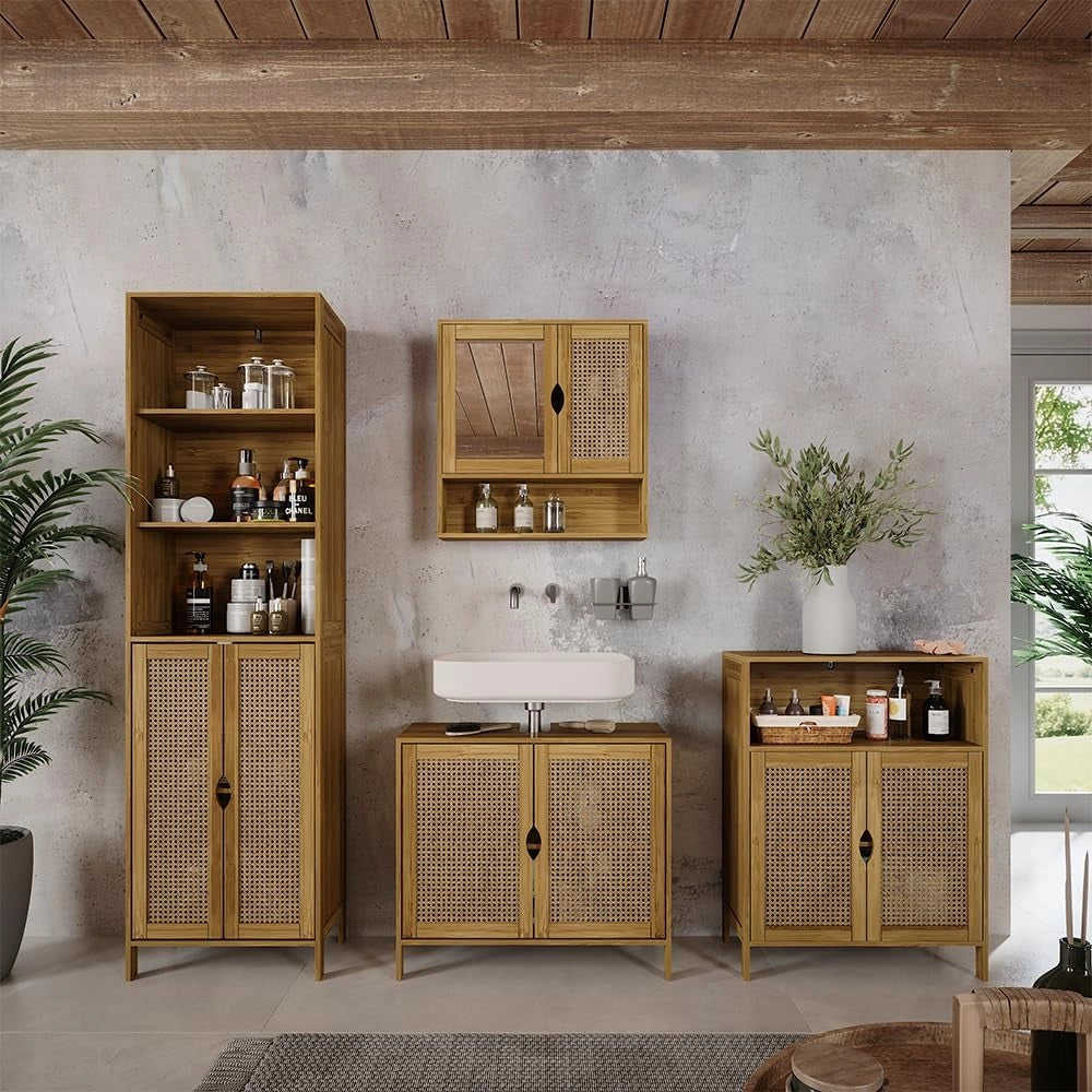 Mobile a specchio per il bagno Liora, Bambù, 56 x 58 cm con specchio, per la conservazione di articoli da bagno e asciugamani
