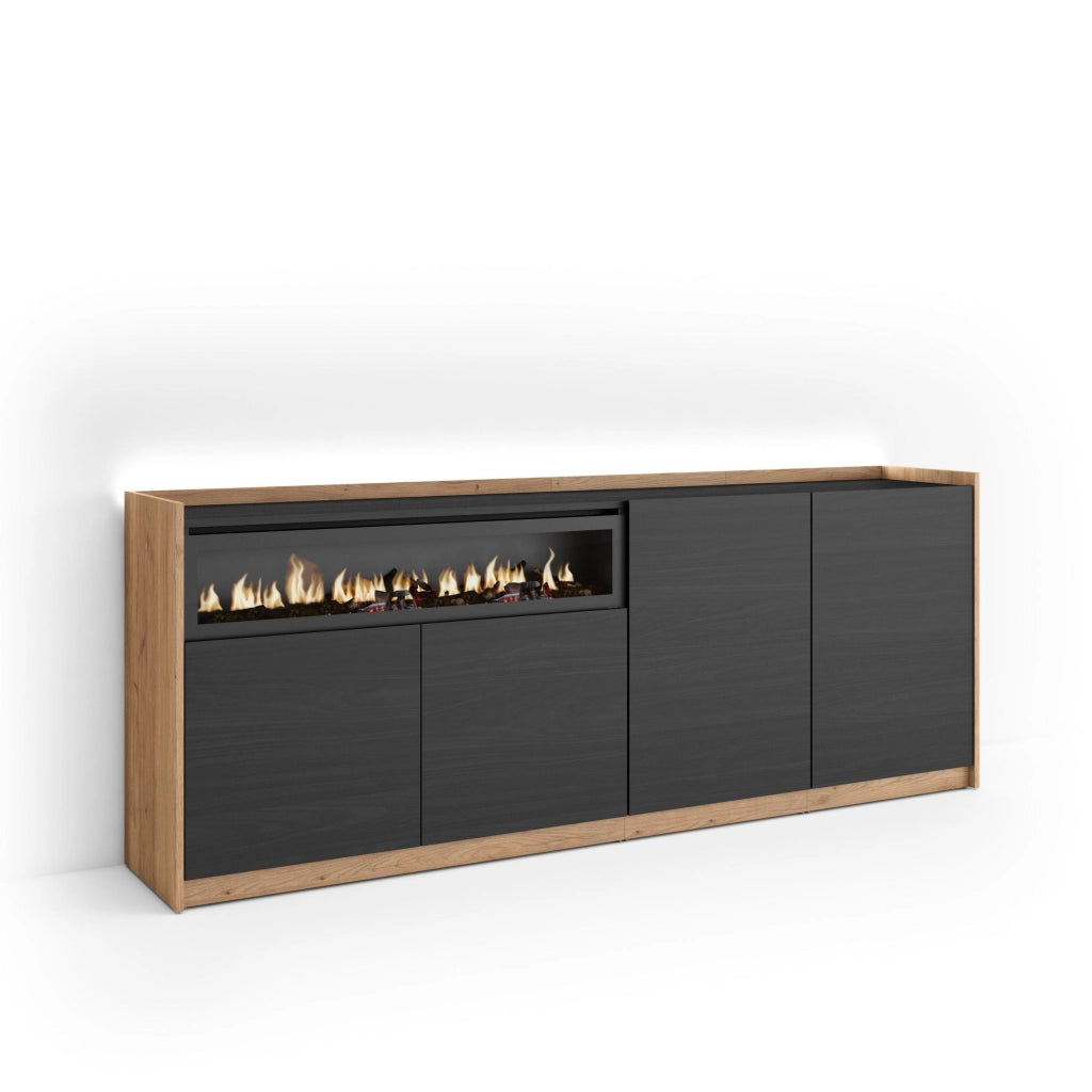 Credenza, Mobile, Cucina, 207x80x37 cm, 4 Porte, Camino elettrico, LED, Nero e rovere