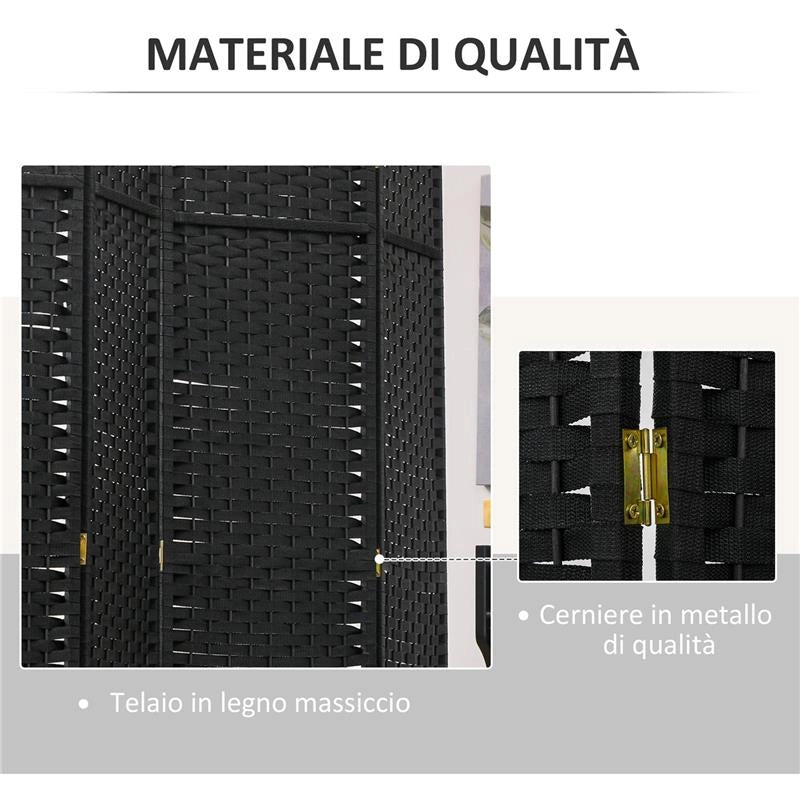 PARAVENTO DIVISORIO DA INTERNI PIEGHEVOLE A 6 ANTE INTRECCIATO, 240X170 CM, NERO