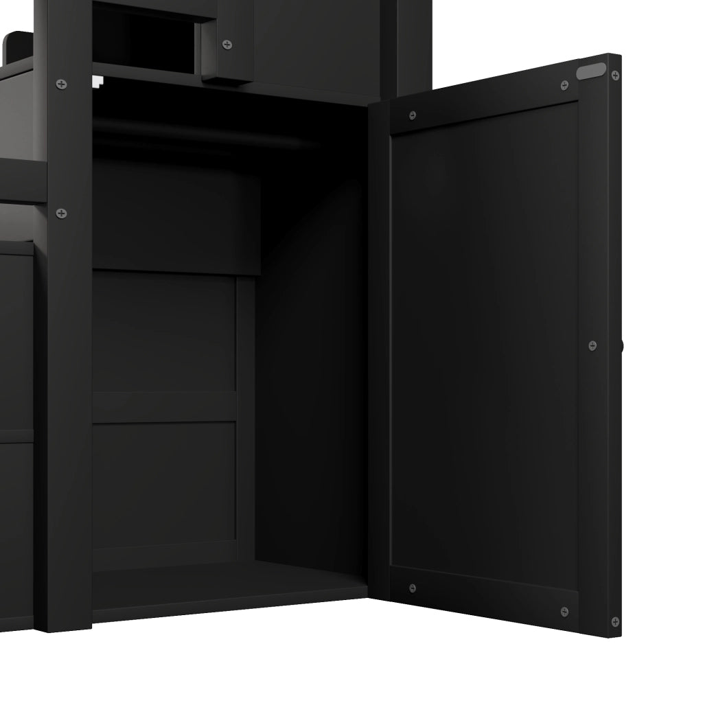 Letto a soppalco 90x200 cm con armadio; scala contenitore; 4 vani e illuminazione LED; pino e MDF; nero