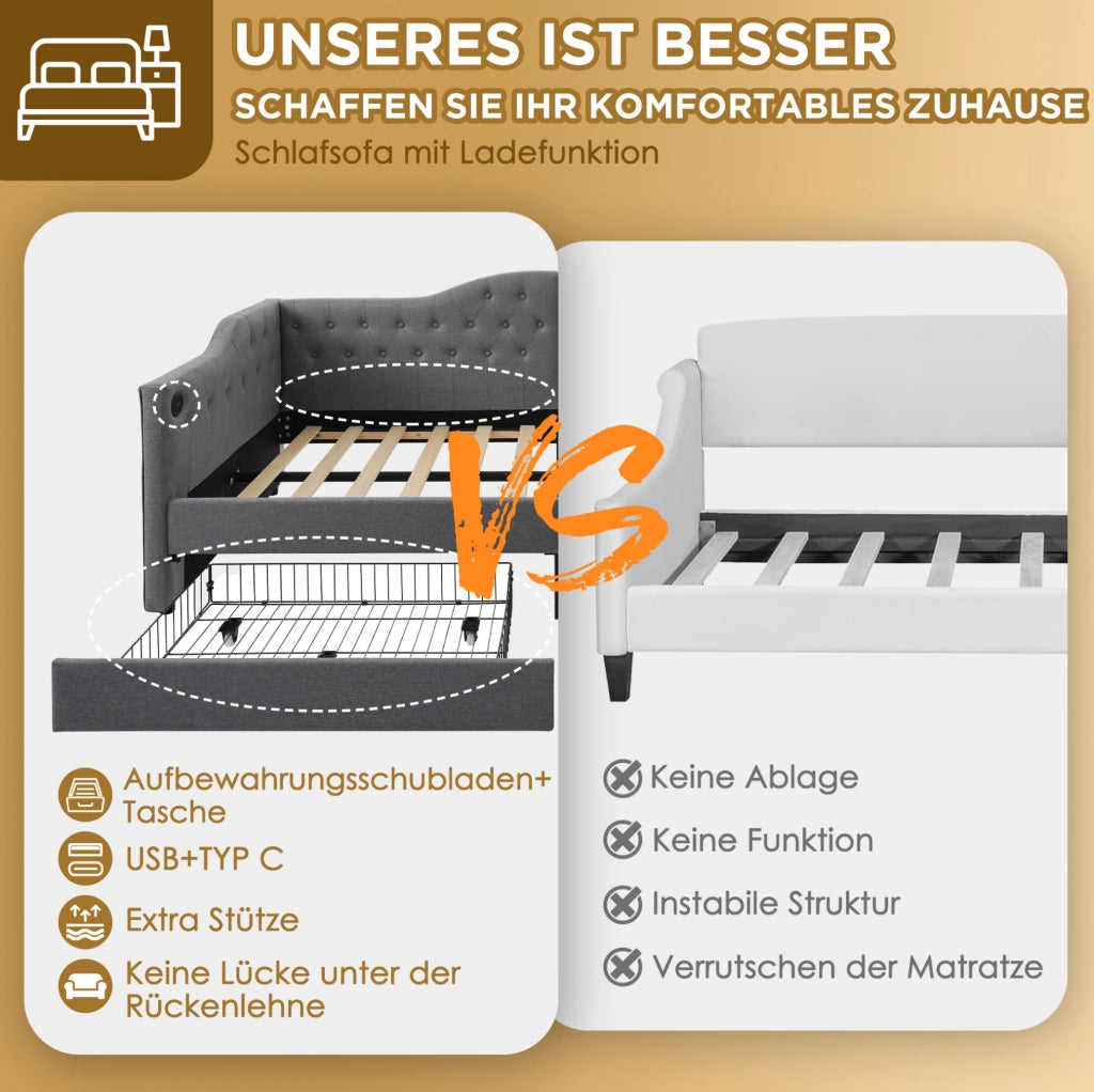 Letto giorno 90x190 cm in lino grigio con USB e Type-C; 2 cassetti e tasche laterali