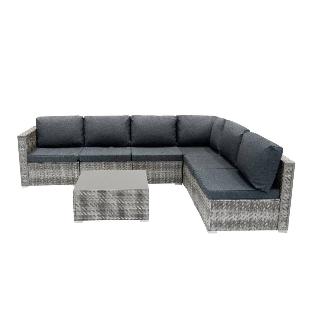 Set Divani Rattan Grigio 7 Pezzi da Giardino con Cuscini e Tavolino