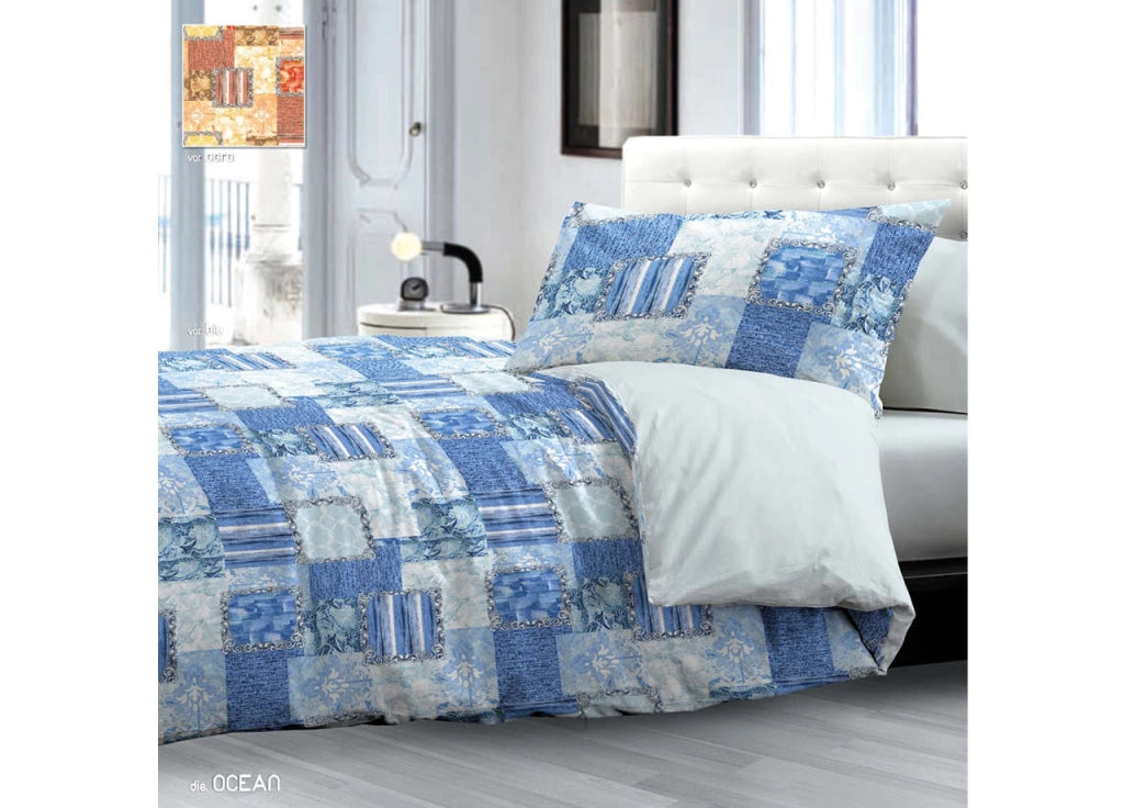 Completo Lenzuola In 100% Cotone Disegno Ocean Modello OB - 1 Piazza e Mezza - Blu