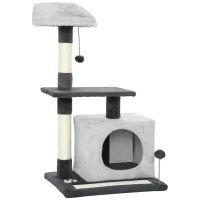 Albero Tiragraffi per Gatti Alto 85 cm con Casetta, Lettino, Pali e Tappetino Tiragraffi, Grigio