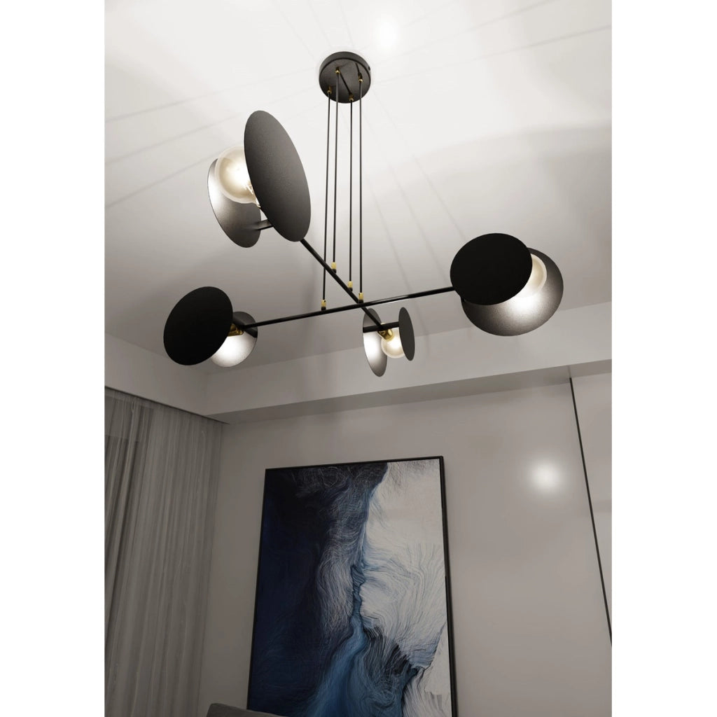 Lampada a sospensione Idea con cerchi geometrici in acciaio nero opaco