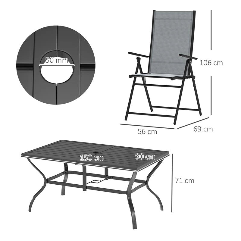 SET DA GIARDINO 7 PEZZI CON TAVOLO DA PRANZO CON FORO PER OMBRELLONE E 6 SEDIE PIEGHEVOLI GRIGIO