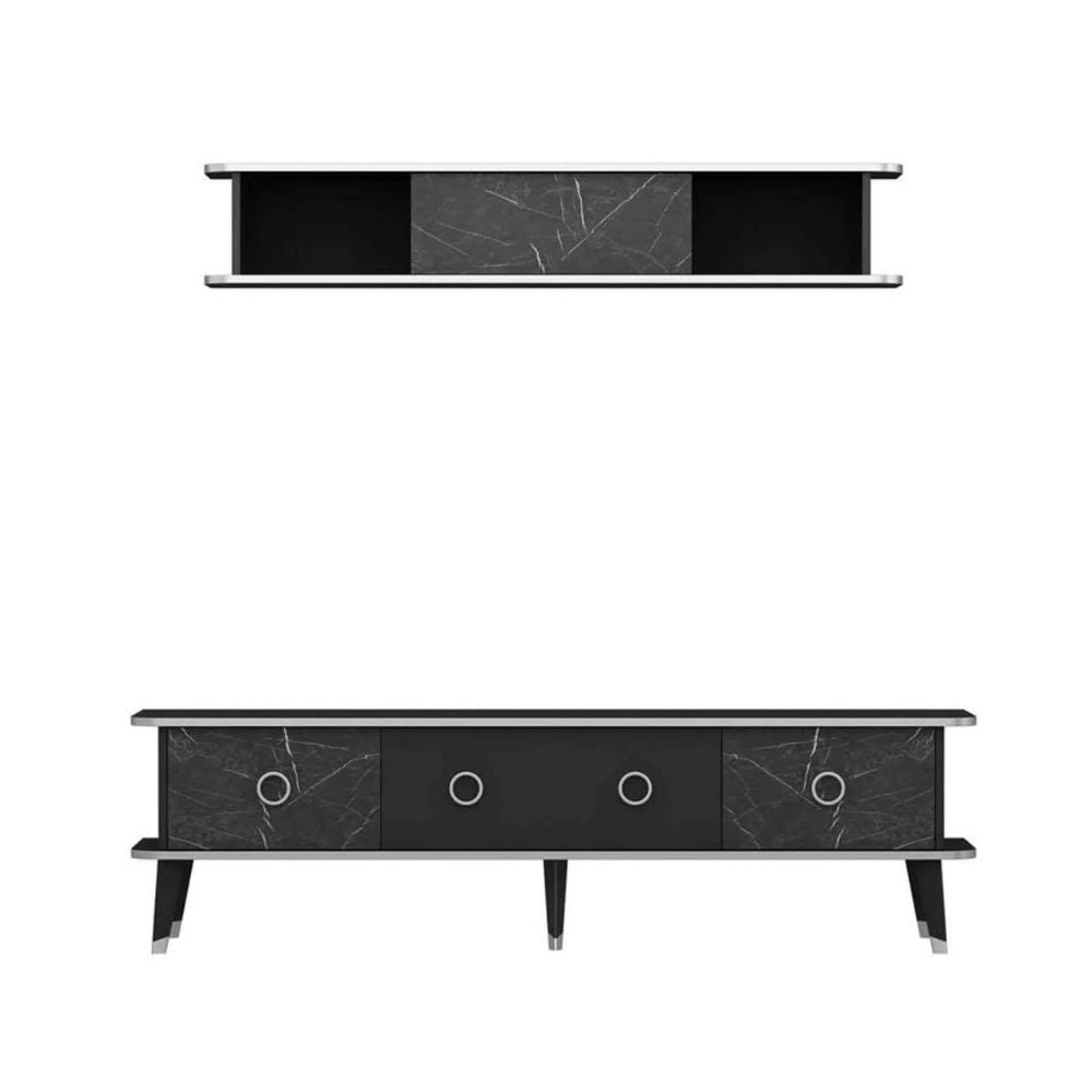 Mobile porta Tv con pensile effetto marmo nero particolari argento Bientv 180
