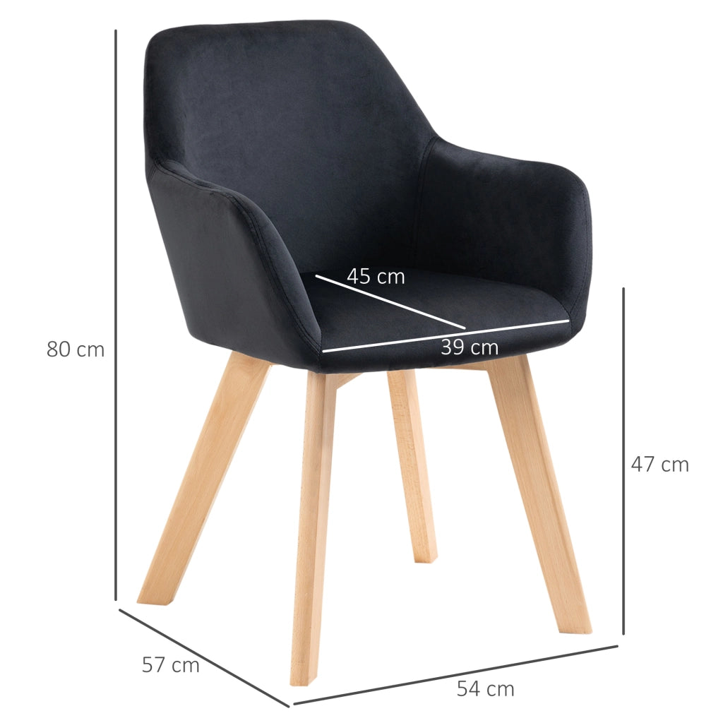 Set di 2 sedie da pranzo ergonomiche in poliestere nero, con braccioli allungati e gambe in legno, 54x57x80 cm