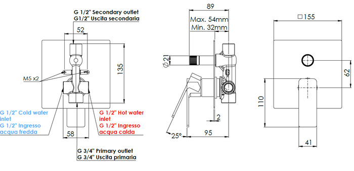 MISCELATORE INCASSO DOCCIA CON DEVIATORE A VITONE ICON- Oro Spazzolato- MARIA- pezzi 1