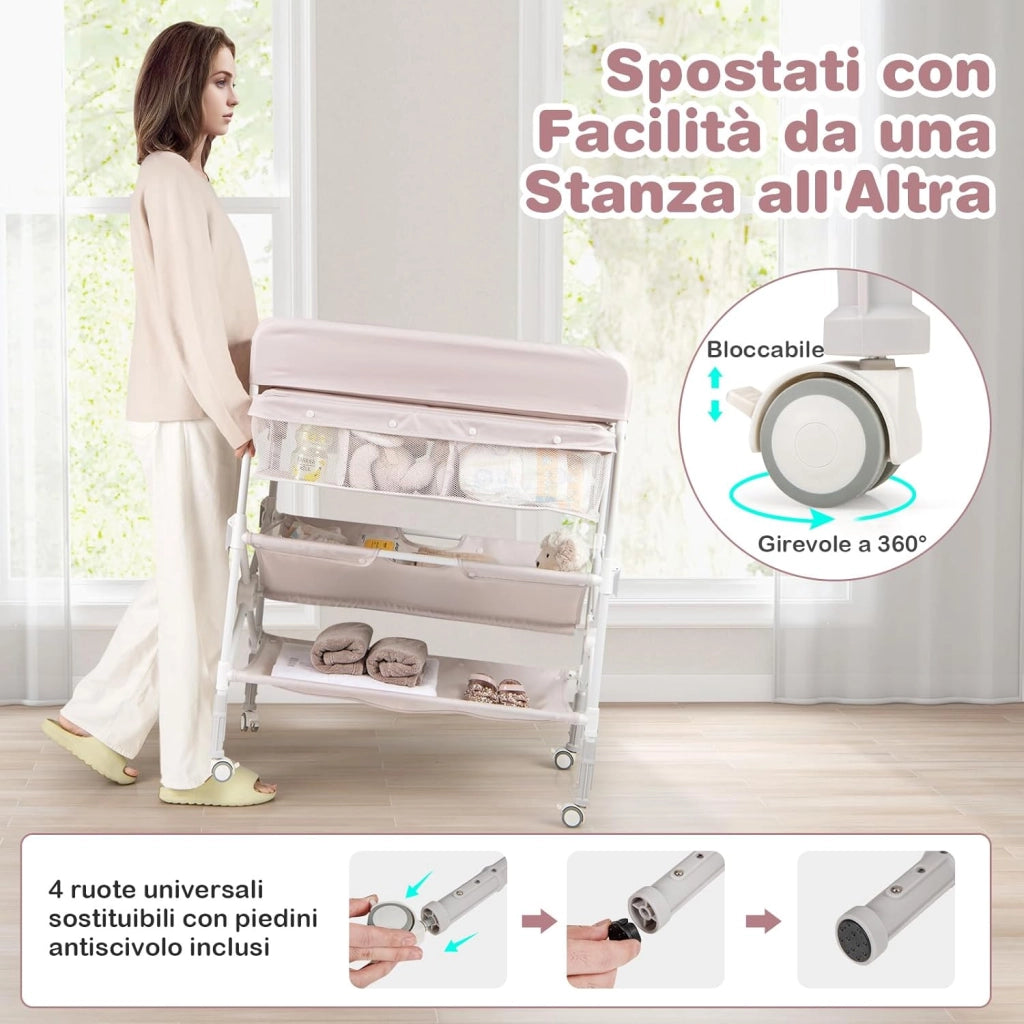 Fasciatoio Pieghevole Neonato, Fasciatoio Portatile con Altezza Regolabile, Comodino per Pannolini con Ruote di Bloccabili, 2 Ripiani, Porta Asciugamani, Cestino di Rifiuti (Beige)
