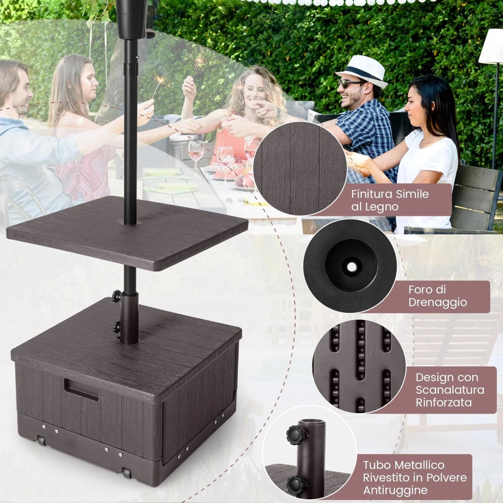 Base per Ombrellone, con Tavolino e Sacca Ponderata, Supporto per Ombrellone 45L, 67 kg di Sabbia, Vassoio, Ruote, per Ombrellone 38 mm/48 mm (Marrone)