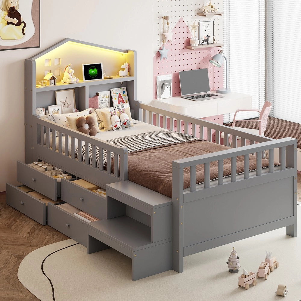 Letto Singolo con LED, USB, Cassetti e Rete a Doghe ¨C MINIMAL ¨C Massello Grigio 90x200
