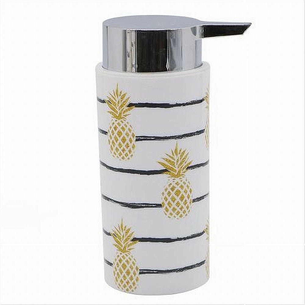 Trade Shop - Dispenser Porta Sapone Liquido Cilindrico Bianco Ananas In Plastica 15,6cm 69757 -