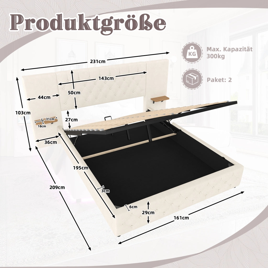 Letto Contenitore con Testiera LED, USB e Sollevamento Idraulico ¨C MINIMAL ¨C 160x200