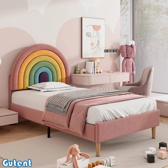 Culla per bambini 90*200 - Sostegno in legno - Pianale regolabile in altezza - Telaio in velluto - Rosa - Senza materasso