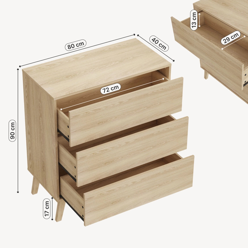 Cassettiera Aastmabospoo Comò a 3 Cassetti 90 x 80 x 40 cm - Effetto Rovere Chiaro [en.casa]