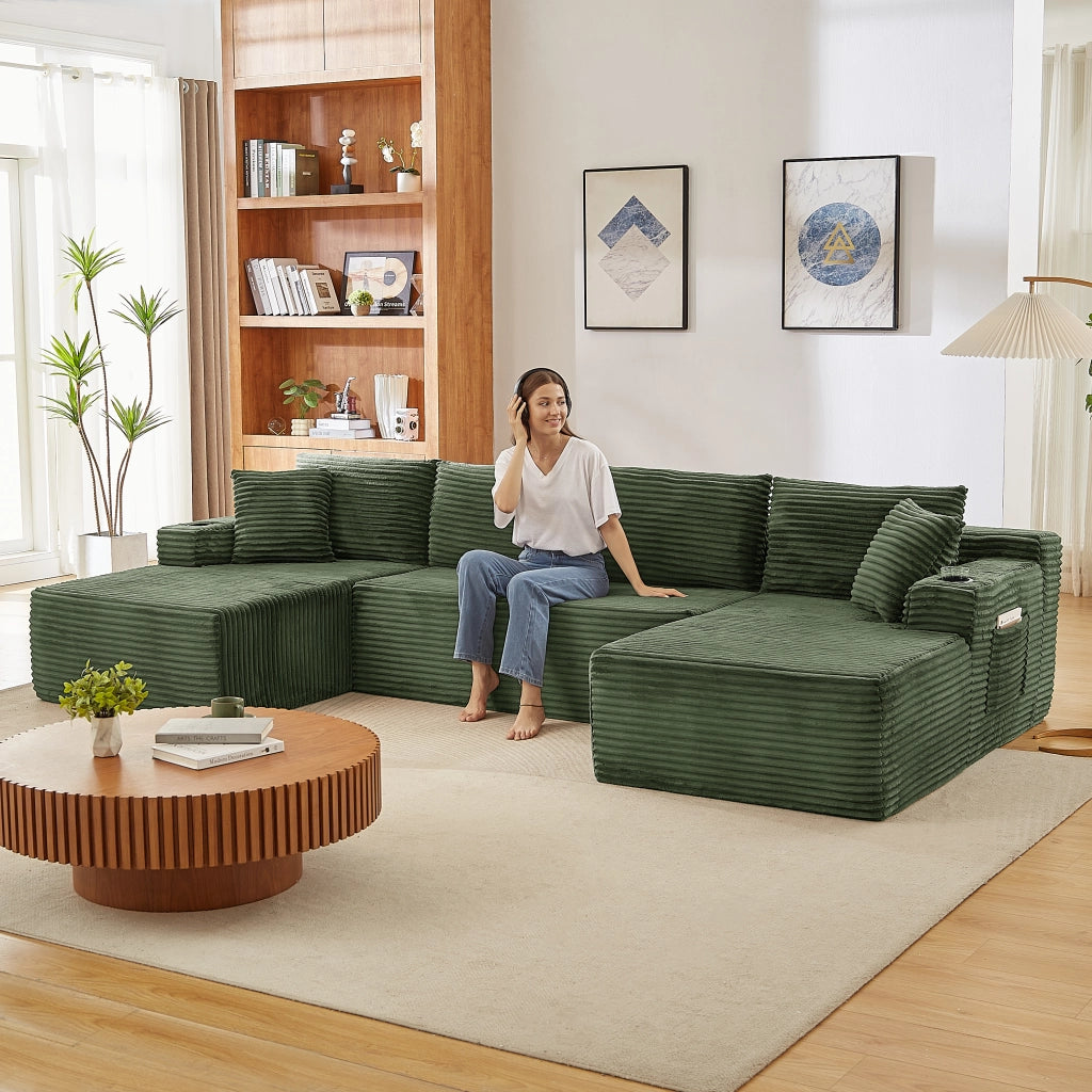 Divano modulare a U in velluto a coste con seduta profonda design ergonomico e senza montaggio per soggiorno verde