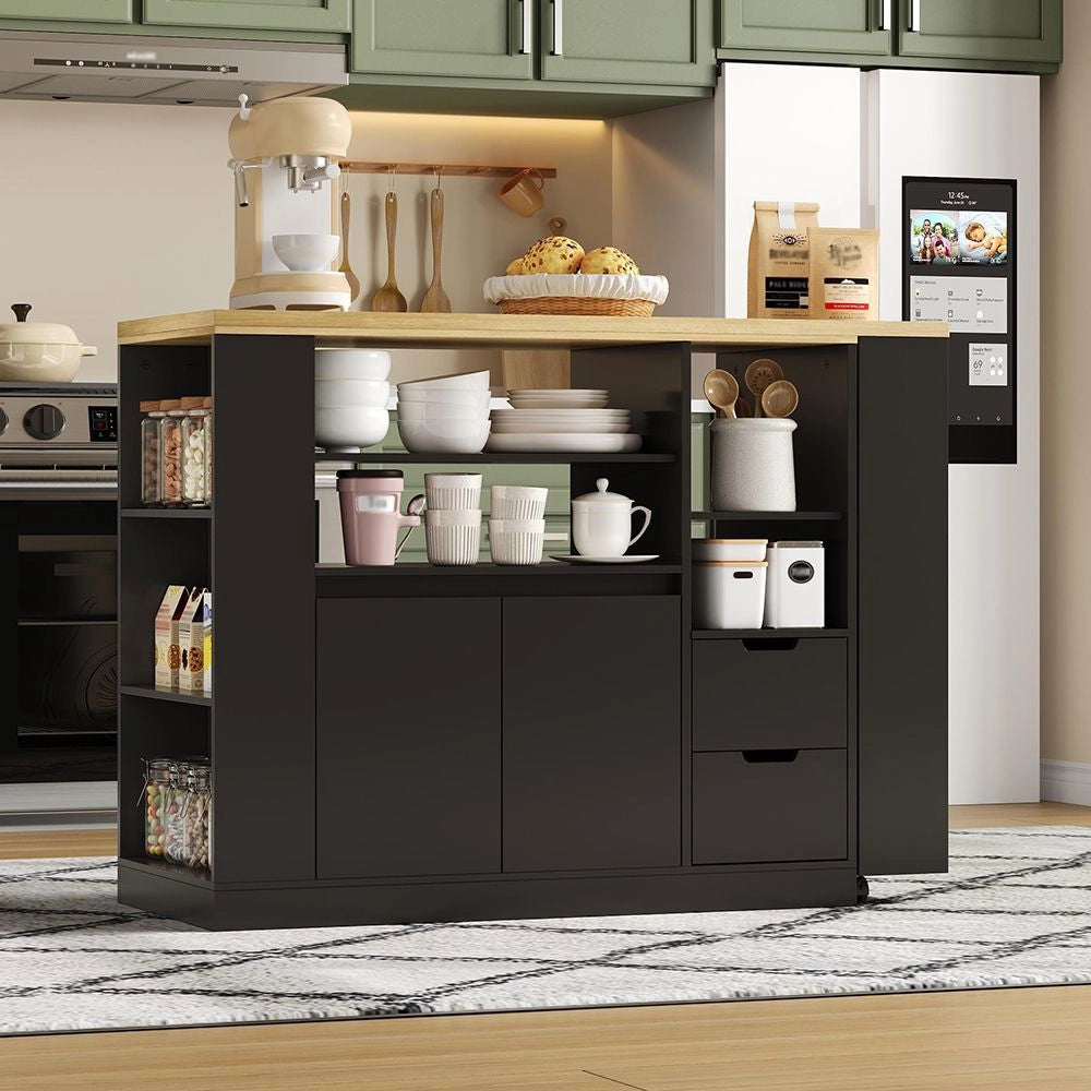 Isola cucina con piano scorrevole - Xylo - 115 cm - 3 lati ripiani, 2 cassetti, bar caff¨¨