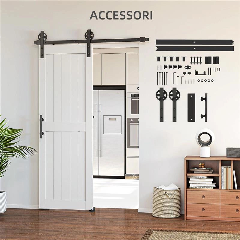 PORTA SCORREVOLE IN STILE COUNTRY CON BINARIO E MANIGLIA IN LEGNO E ACCIAIO, 71.5X213.4 CM, BIANCO E NERO