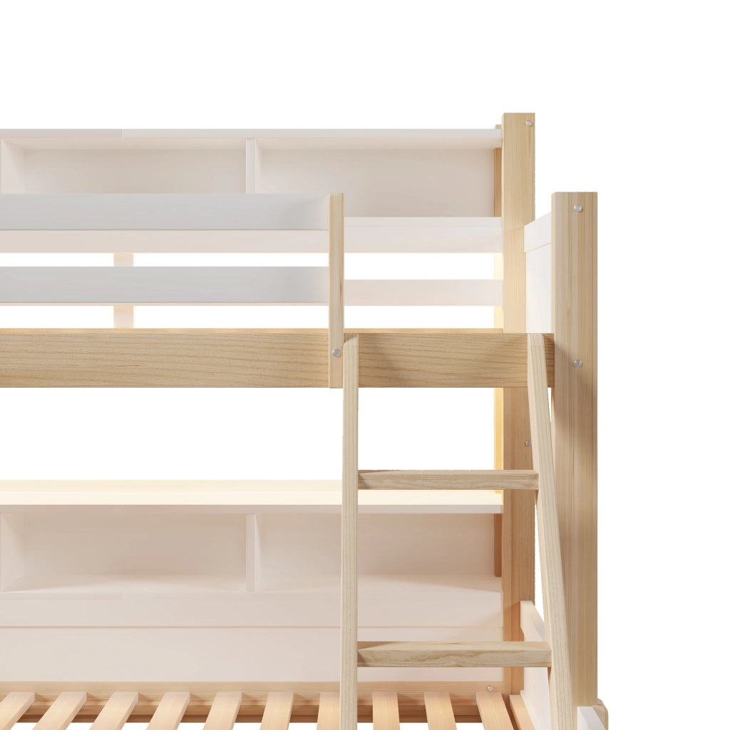 Letto a castello 90 × 200 cm e 140 × 200 cm con LED, scomparti, cassetto, senza materasso, pino bianco e naturale