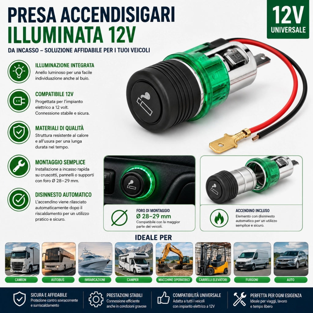 Kit Accendisigari per Auto 12V Illuminato Incasso Ø28-29 mm
