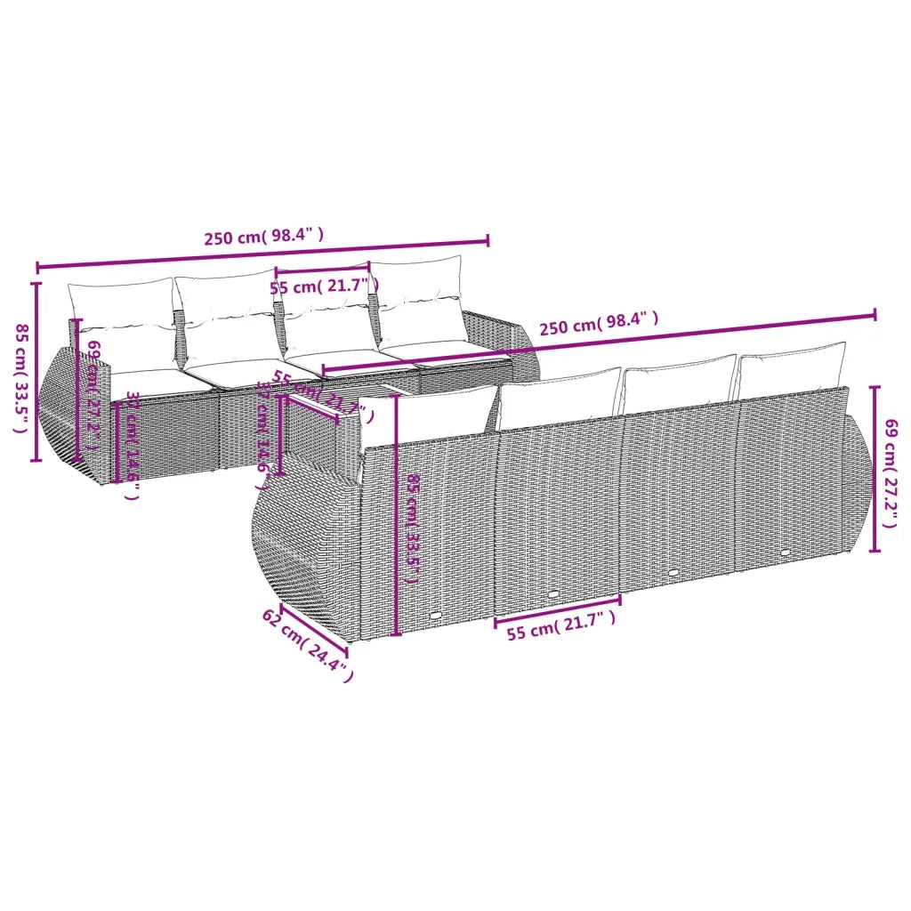 Set Divani da Giardino 9 pz con Cuscini Nero in Polyrattan 3224921