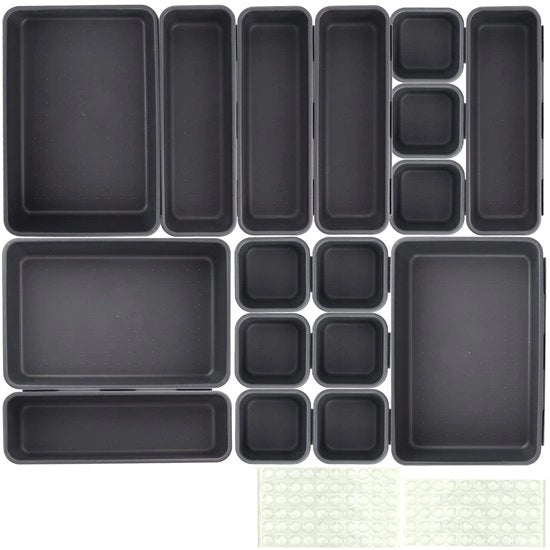 Organizzatore di cassetti 17 pezzi, sistema di organizzazione di cassetti, organizzatore di cassetti, organizzatore di cassetti per cassettiera, divisa per cassetti per ufficio, cassettiera, cucina, bagno (3 dimensioni, nero)