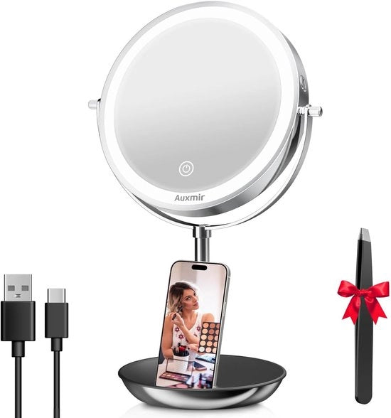 Specchio cosmetico portatile con illuminazione LED e ingrandimento 1x/30x, 20 cm specchio con luce, 3 colori di illuminazione regolabili e 360° rotativo, specchio a doppia faccia per uso domestico