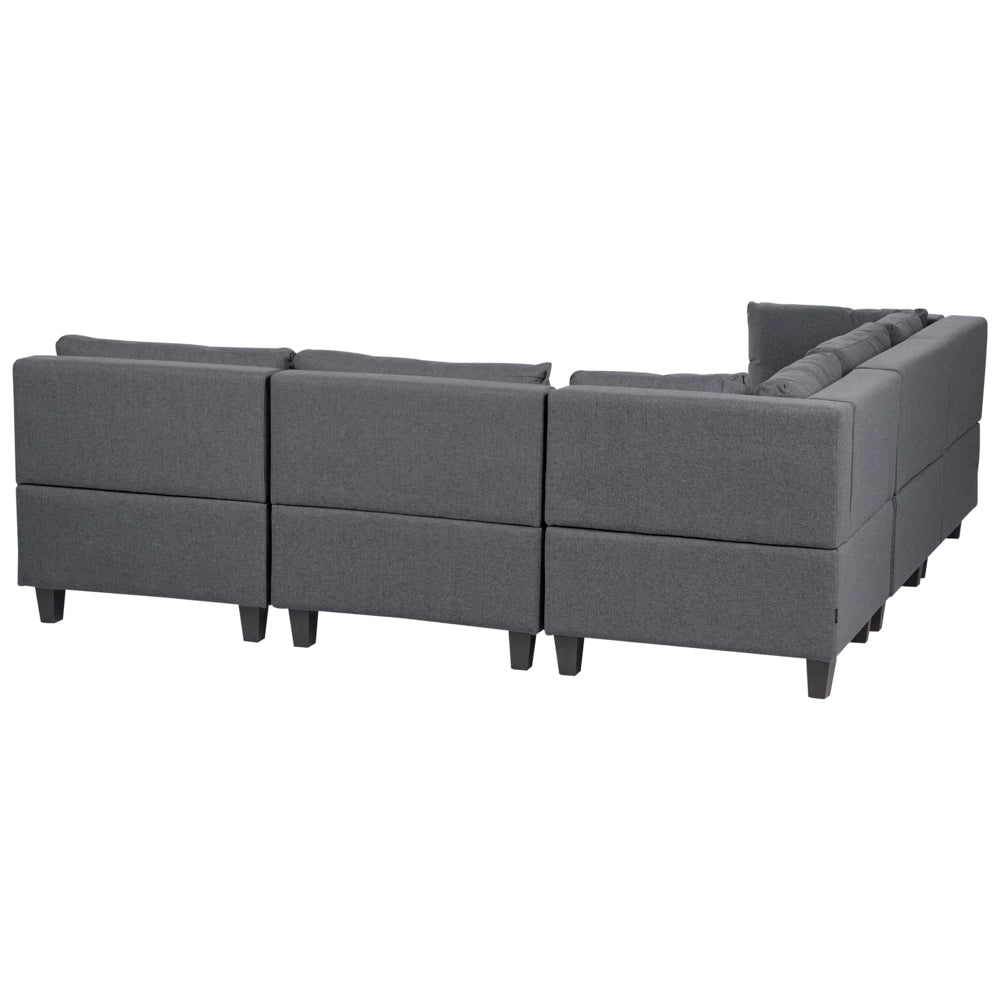 Divano componibile a 5 posti imbottito in tessuto grigio scuro gambe nere lato destro stile moderno