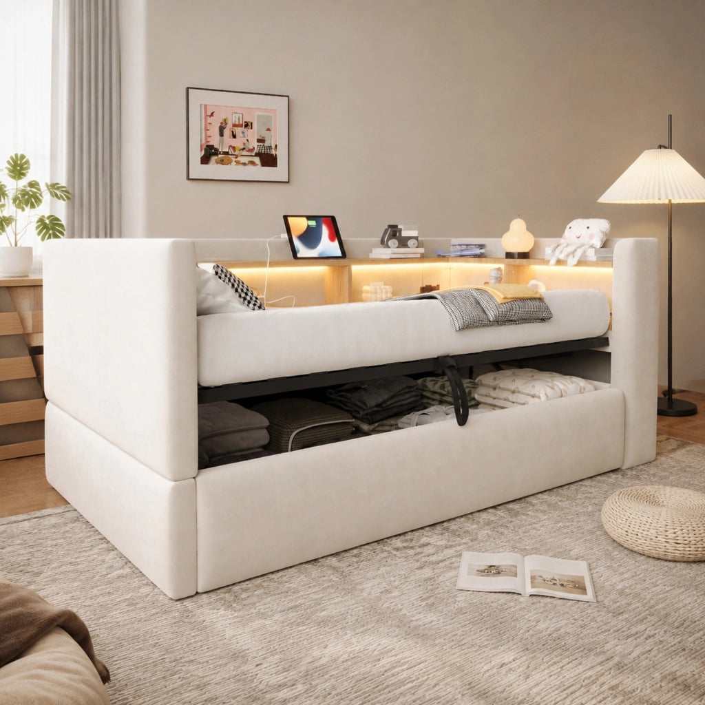 DIVANO LETTO 90x190 cm Beige in flanella con vani contenitore