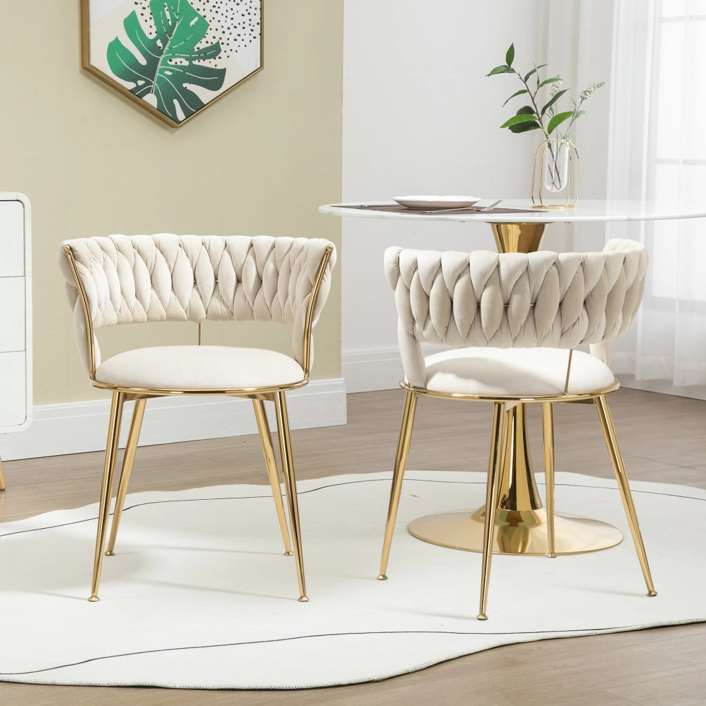 Set di 2 sedie da pranzo in velluto color avorio con schienale traforato e gambe in metallo
