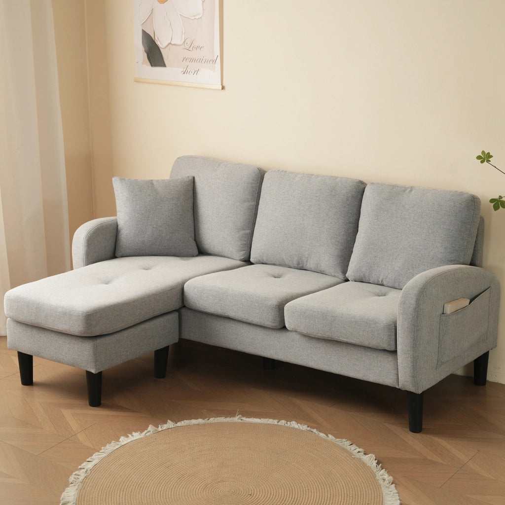 Divano angolare 3 posti con chaise longue reversibile e design modulare in tessuto grigio